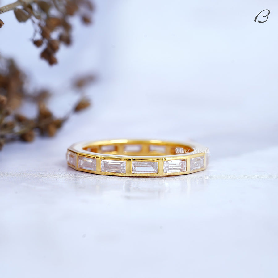 East West Baguette Cut Moissanite Bezel Set Full Eternity Wedding Band