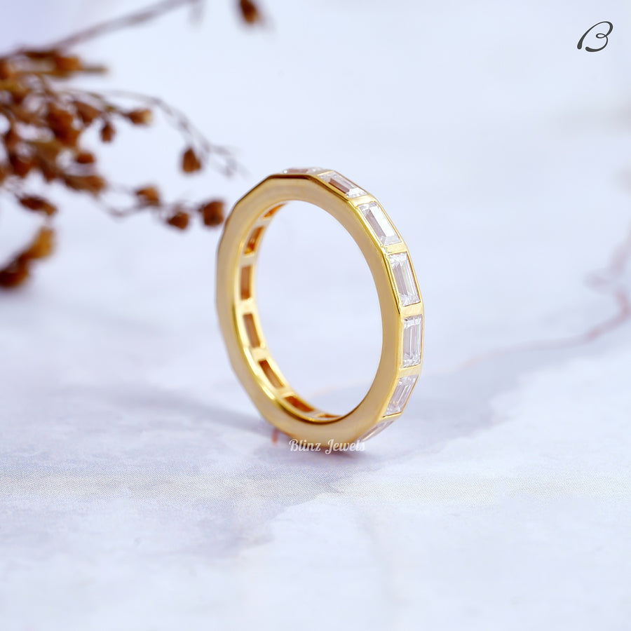 East West Baguette Cut Moissanite Bezel Set Full Eternity Wedding Band