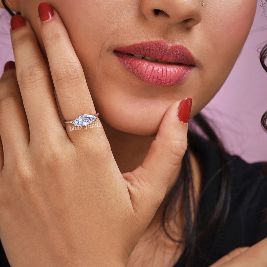 East To West Marquise Cut Colorless Moissanite Diamond Solitaire Engagement Ring