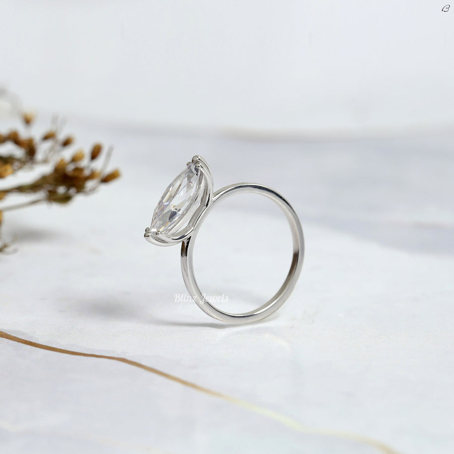 East To West Marquise Cut Colorless Moissanite Diamond Solitaire Engagement Ring