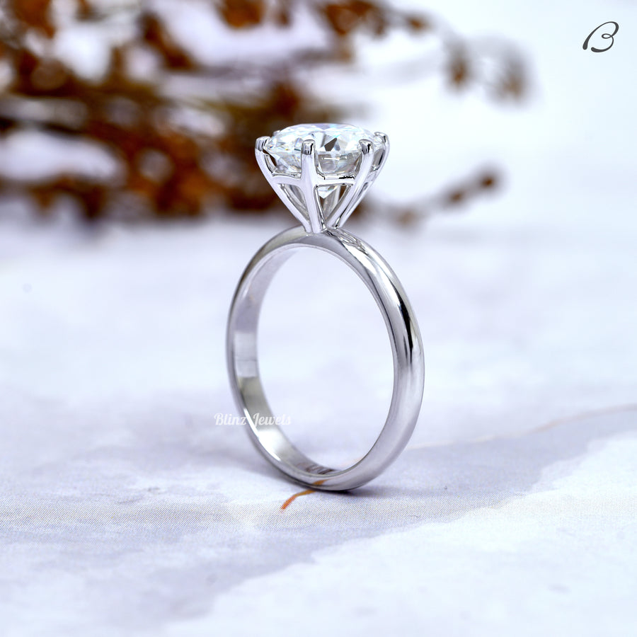 Round Cut Moissanite Six Prong Set Solitaire Engagement Ring