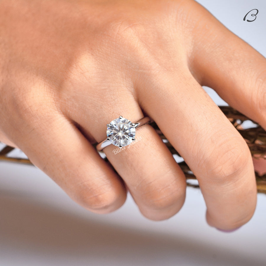 Round Cut Moissanite Six Prong Set Solitaire Engagement Ring