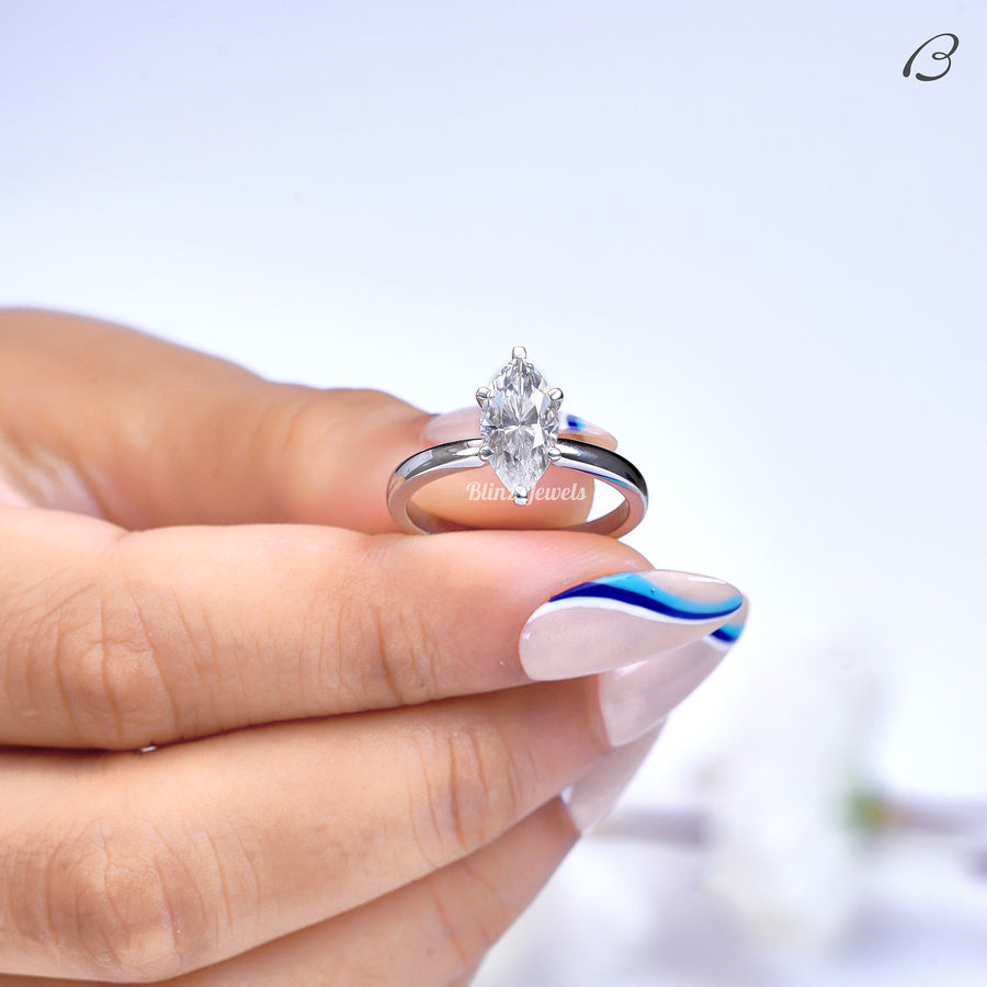 Marquise Cut Colorless Moissanite Classic Solitaire Engagement Ring