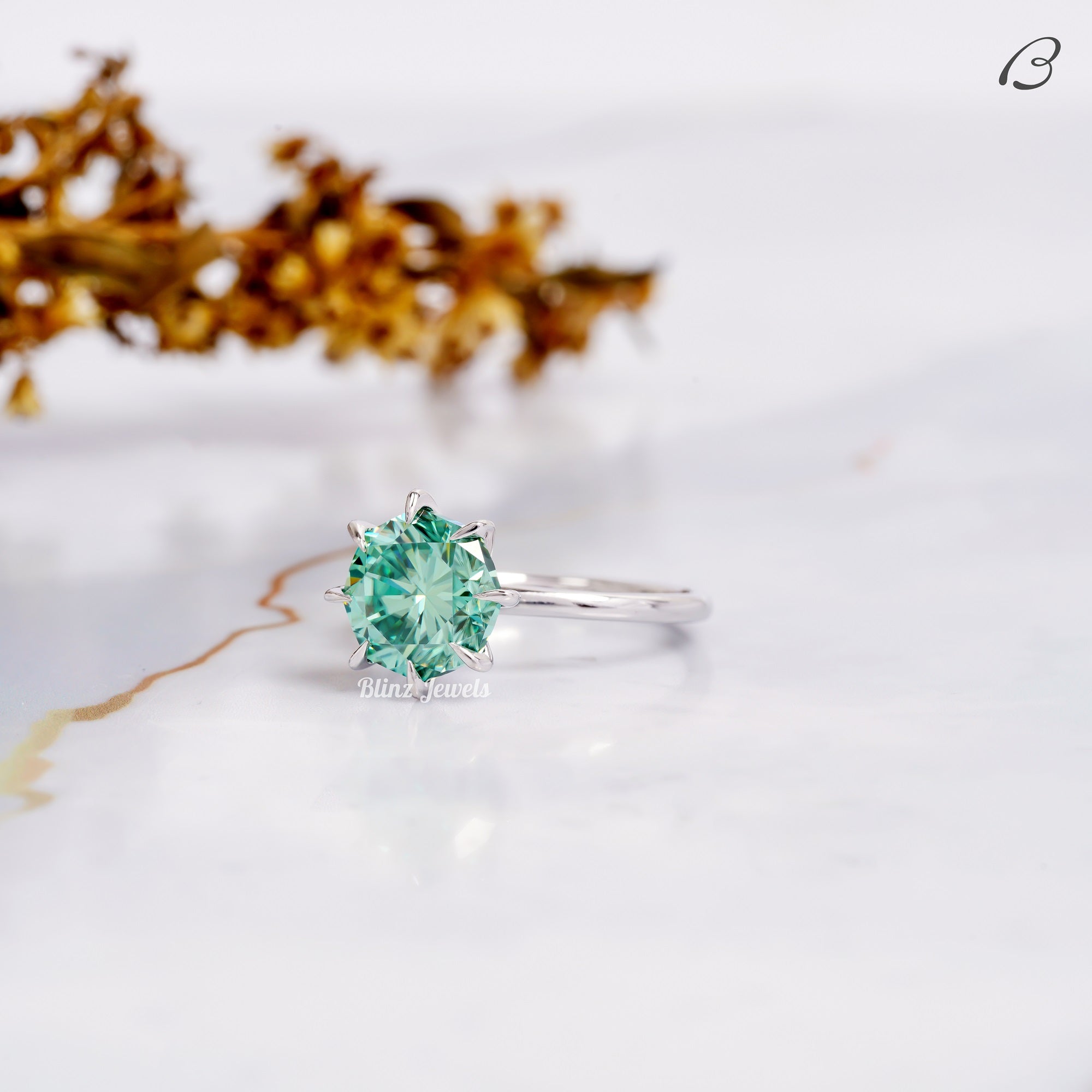 Green Round Cut Moissanite Solitaire Claw Prong Set Engagement Ring