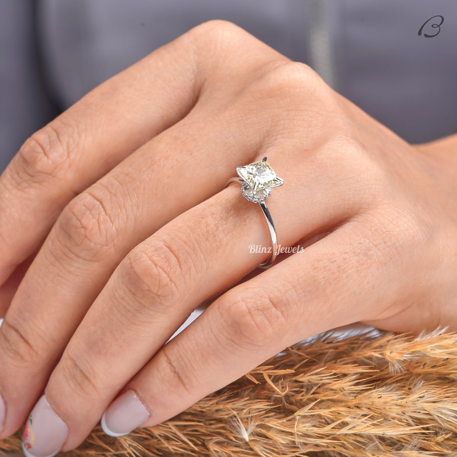 Yellow Color Princess Cut Moissanite Hidden Halo Solitaire Engagement Ring