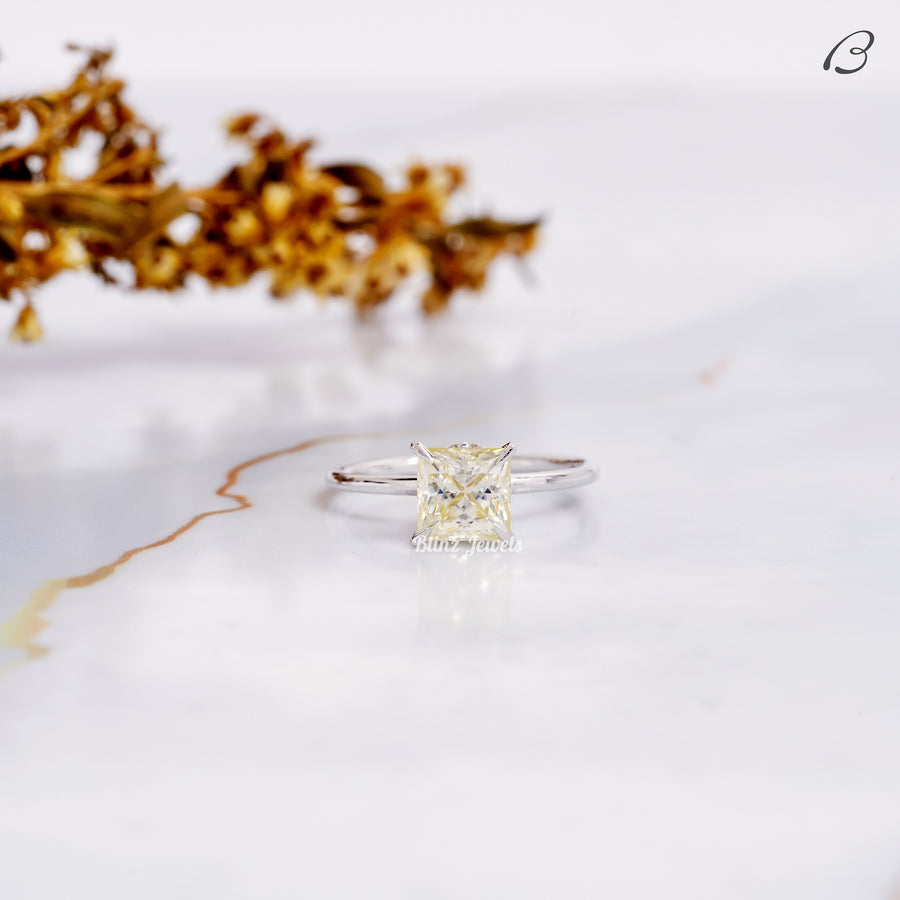 Yellow Color Princess Cut Moissanite Hidden Halo Solitaire Engagement Ring