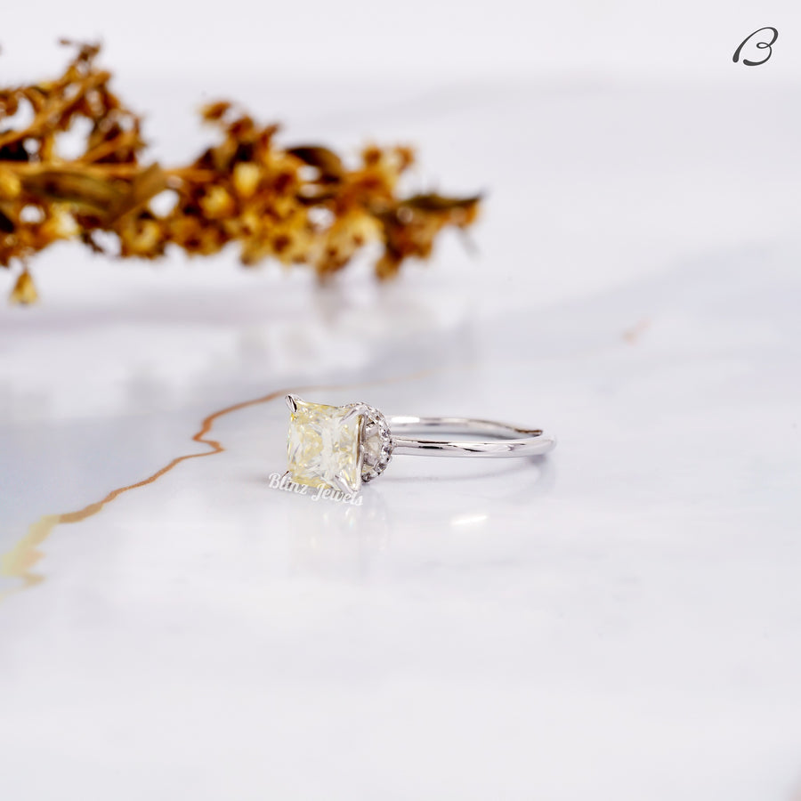 Yellow Color Princess Cut Moissanite Hidden Halo Solitaire Engagement Ring