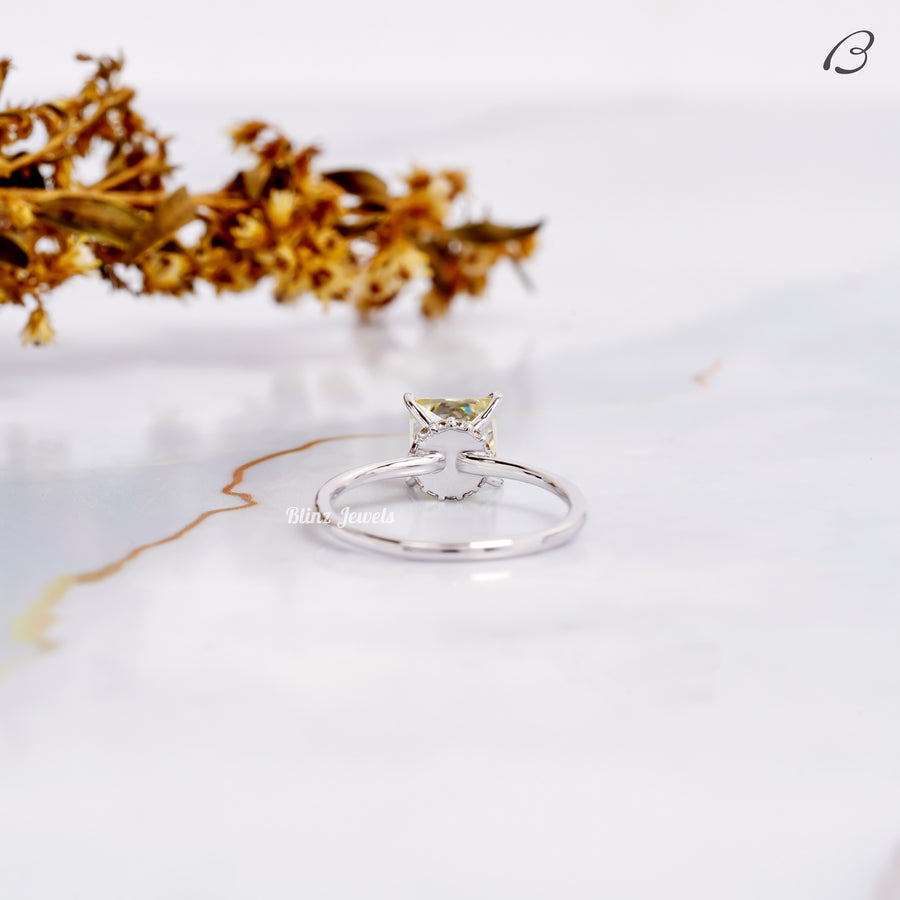 Yellow Color Princess Cut Moissanite Hidden Halo Solitaire Engagement Ring