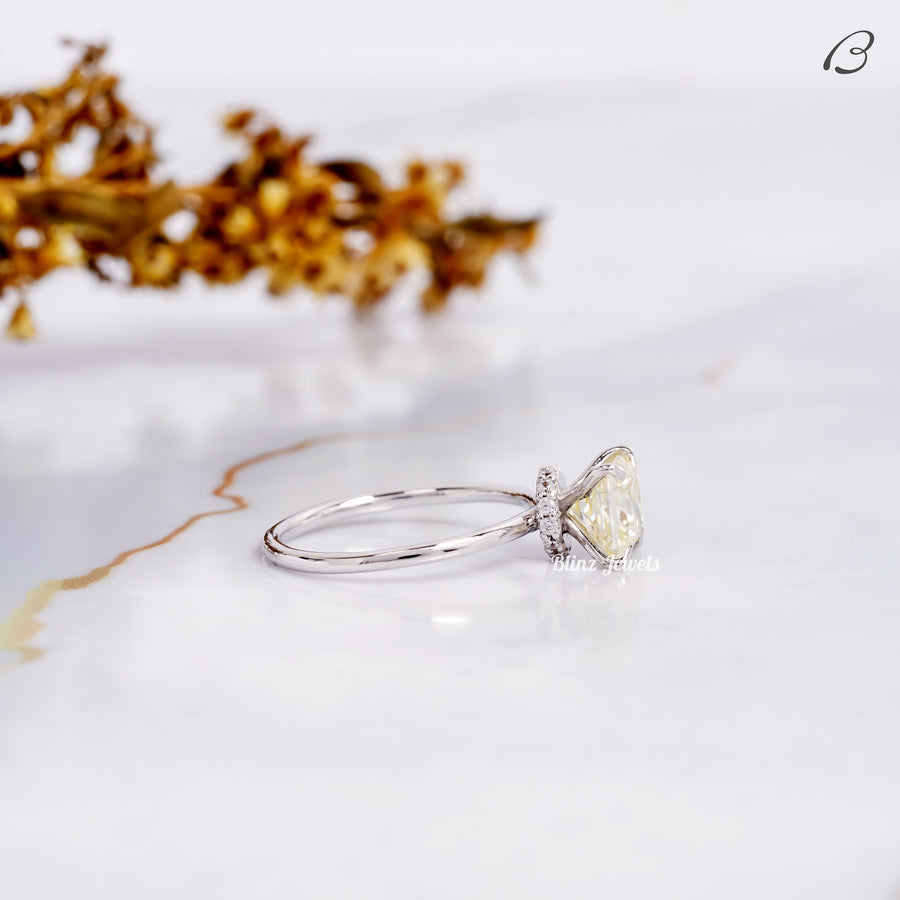 Yellow Color Princess Cut Moissanite Hidden Halo Solitaire Engagement Ring