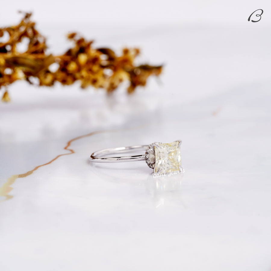 Yellow Color Princess Cut Moissanite Hidden Halo Solitaire Engagement Ring