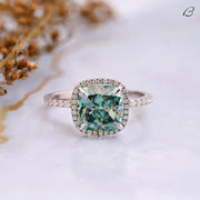 Green Color Cushion Cut Moissanite Halo Engagement Ring