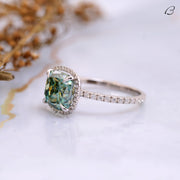Green Color Cushion Cut Moissanite Halo Engagement Ring