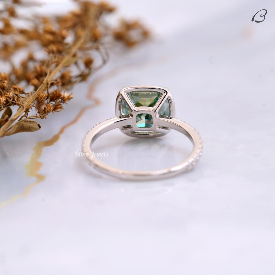 Green Color Cushion Cut Moissanite Halo Engagement Ring