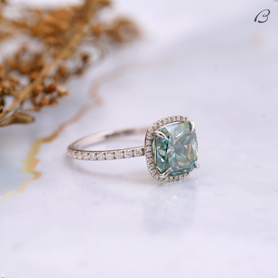 Green Color Cushion Cut Moissanite Halo Engagement Ring