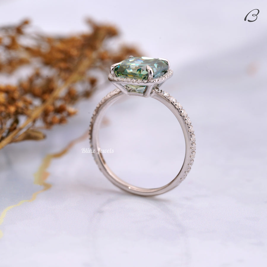 Green Color Cushion Cut Moissanite Halo Engagement Ring