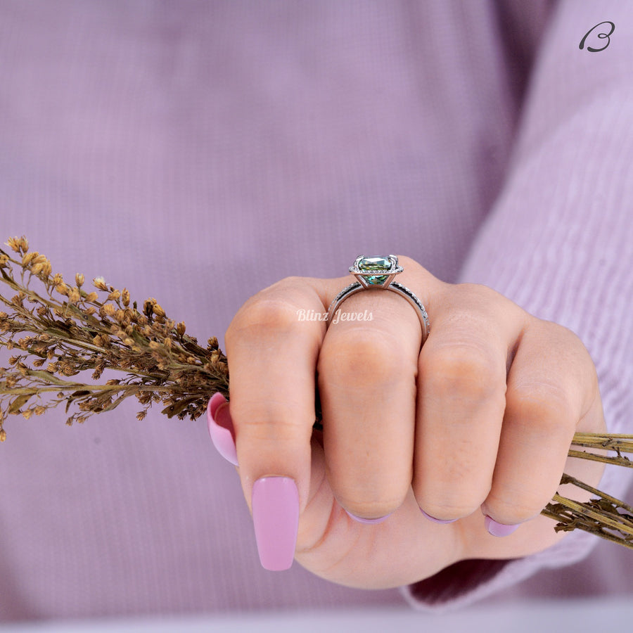 Green Color Cushion Cut Moissanite Halo Engagement Ring
