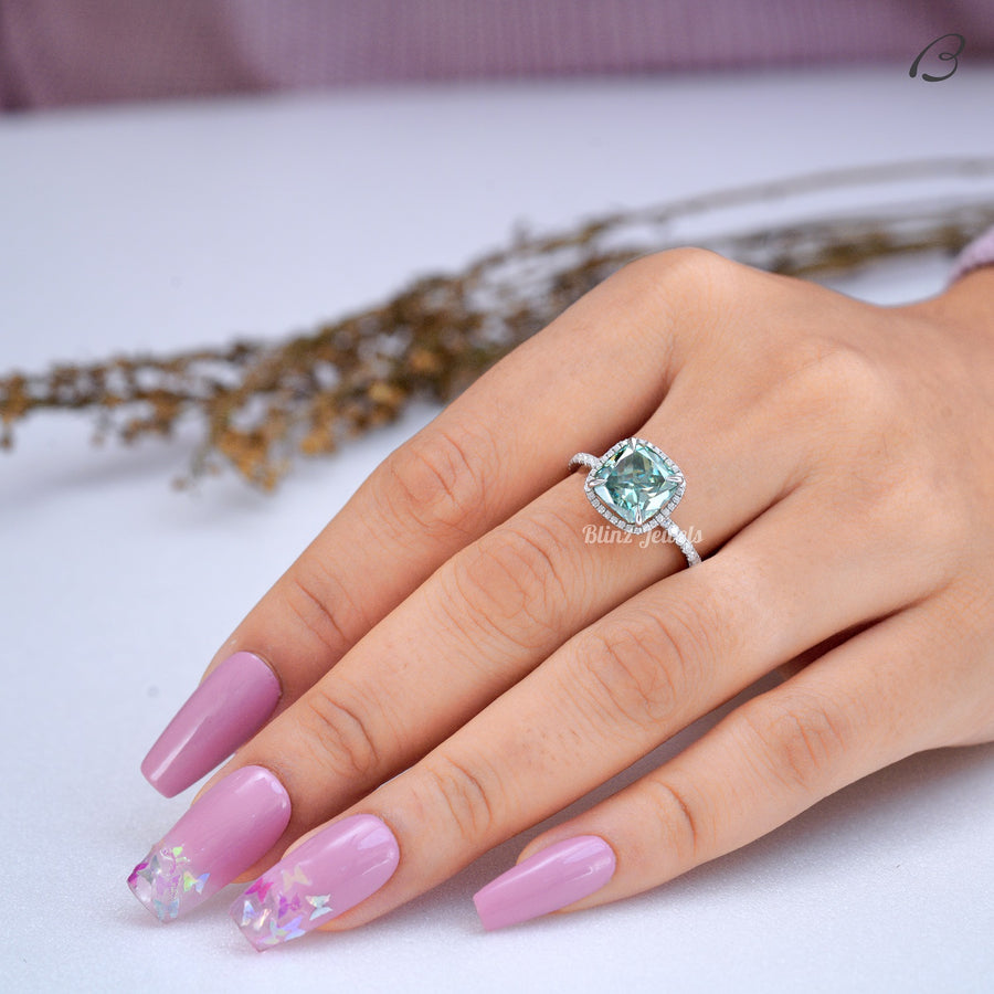 Green Color Cushion Cut Moissanite Halo Engagement Ring