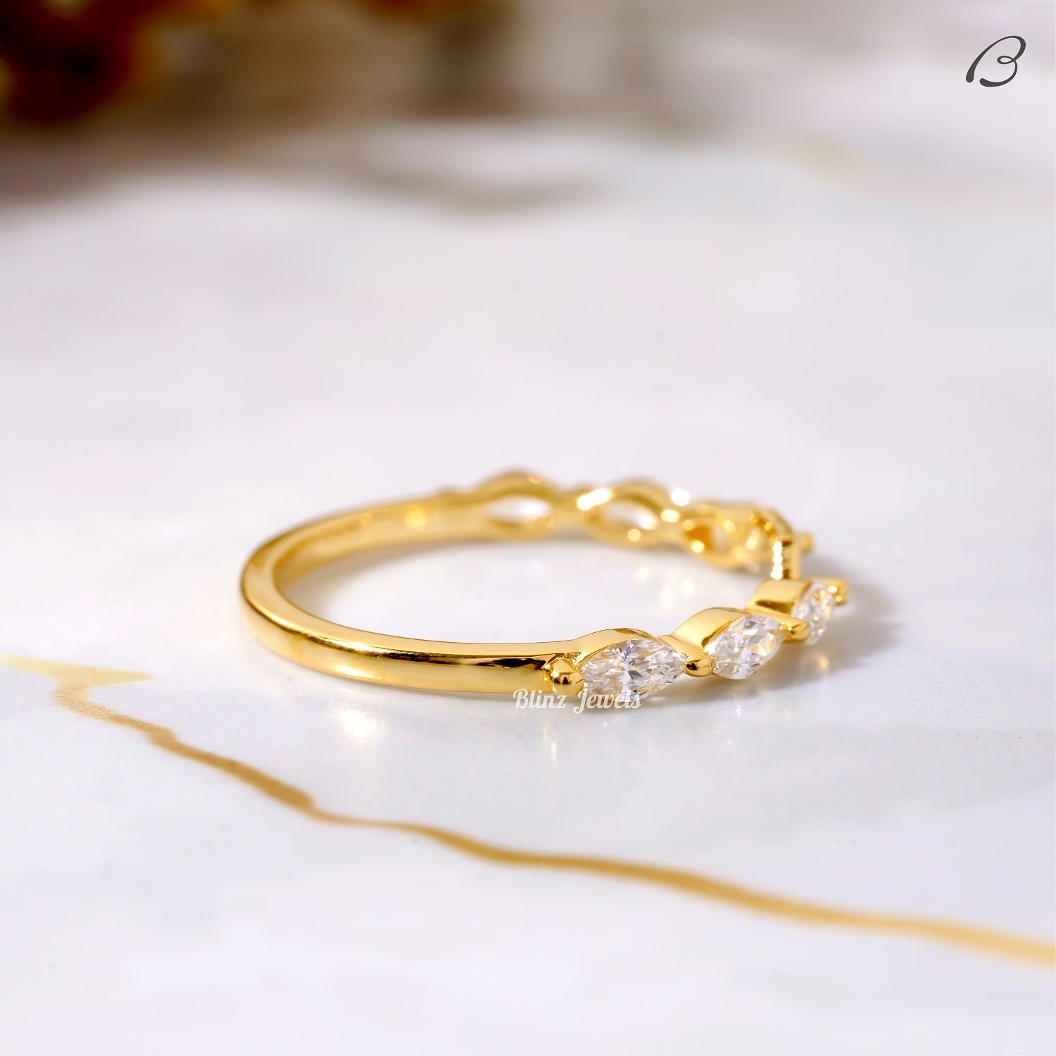 East West Marquise Cut Moissanite Diamond Half Eternity Stackable Bridal Band