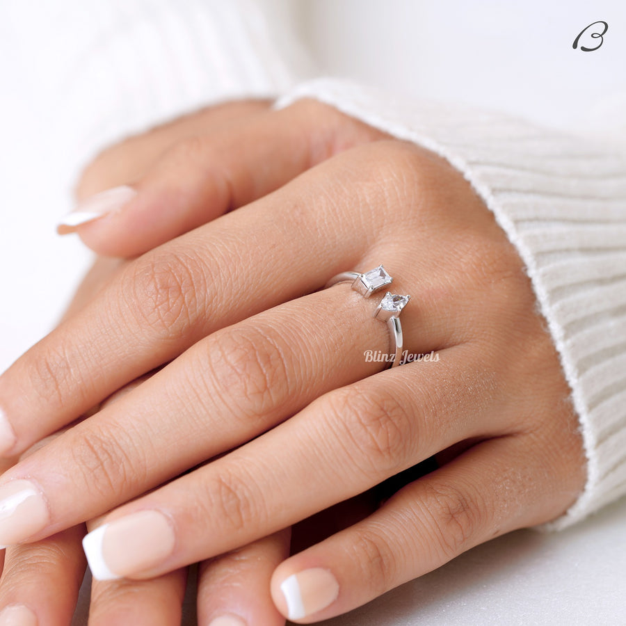 Emerald And Marquise Cut Moissanite Open Cuff Toi Et Moi Promise Ring