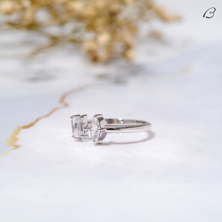 Emerald And Marquise Cut Moissanite Open Cuff Toi Et Moi Promise Ring