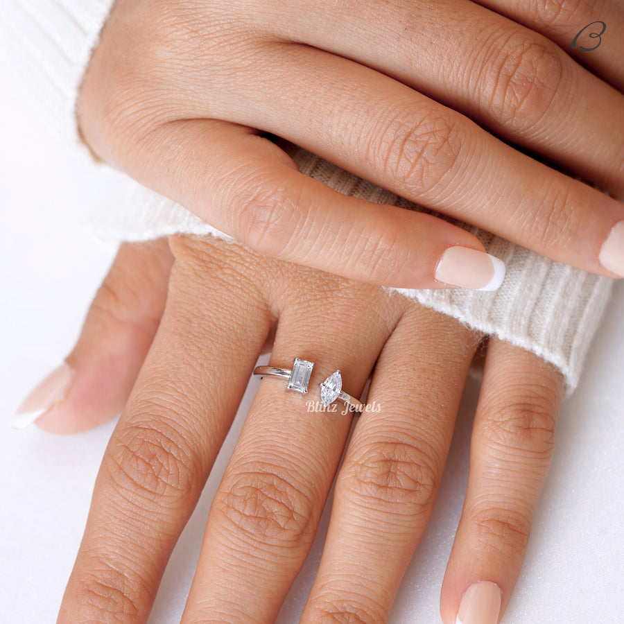 Emerald And Marquise Cut Moissanite Open Cuff Toi Et Moi Promise Ring