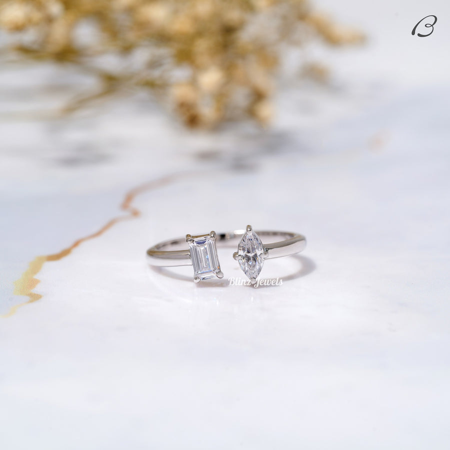 Emerald And Marquise Cut Moissanite Open Cuff Toi Et Moi Promise Ring