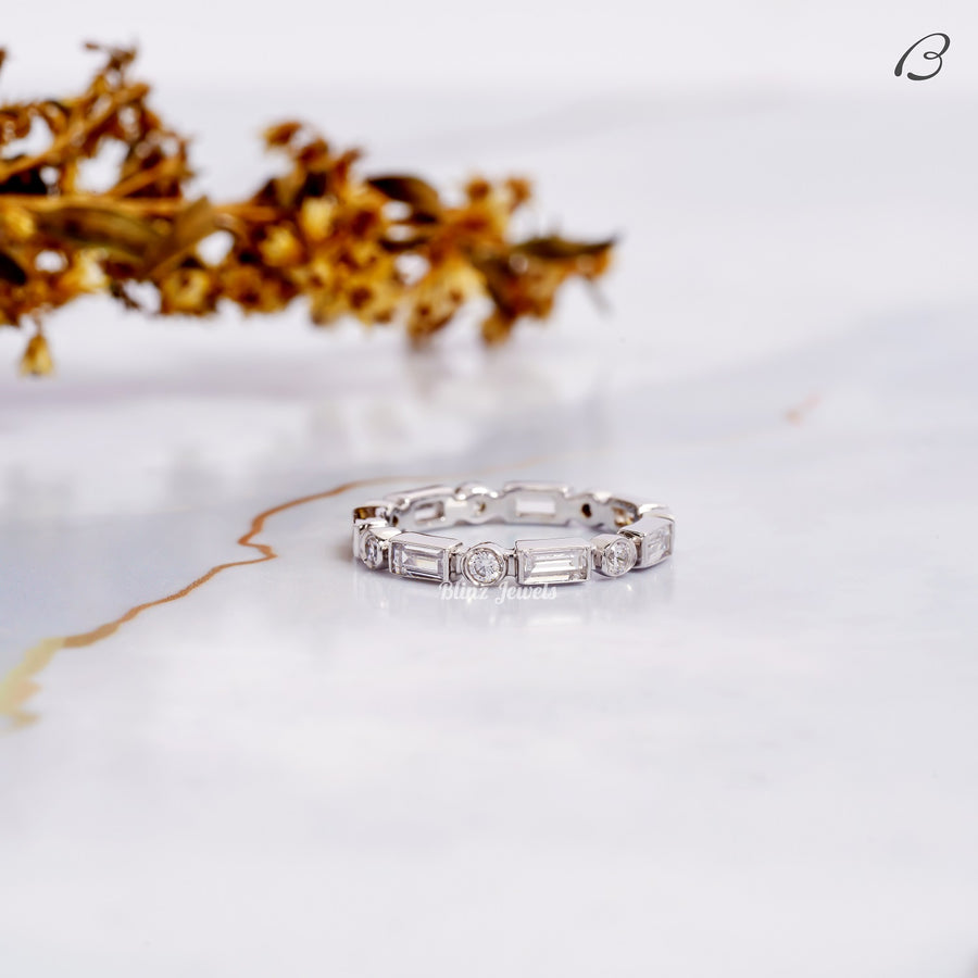 Round And Baguette Cut Moissanite Bezel Set Full Eternity Wedding Band