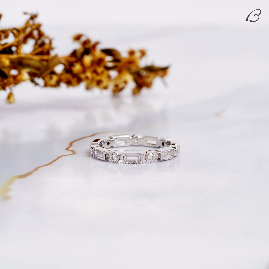 Round And Baguette Cut Moissanite Bezel Set Full Eternity Wedding Band