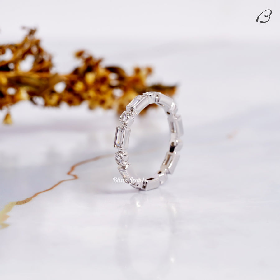 Round And Baguette Cut Moissanite Bezel Set Full Eternity Wedding Band