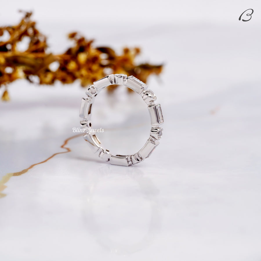 Round And Baguette Cut Moissanite Bezel Set Full Eternity Wedding Band