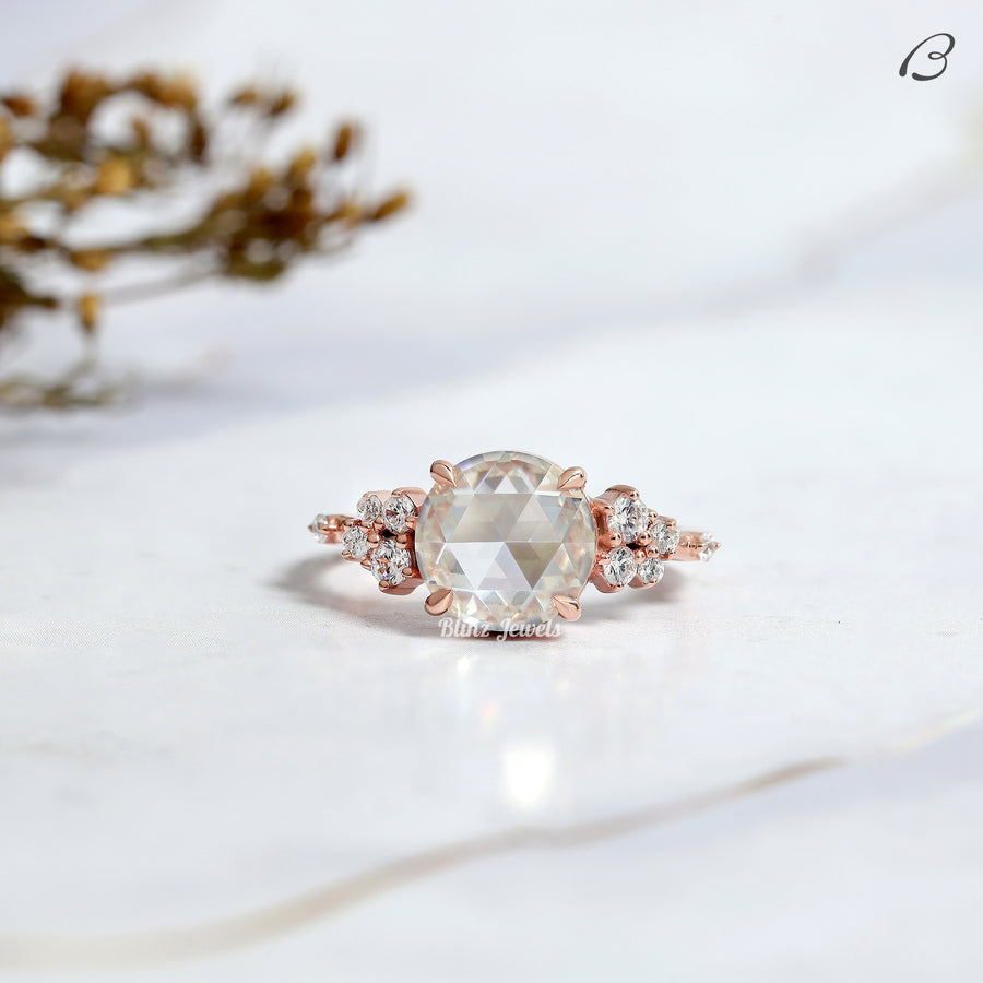 Round Rose Cut Moissanite Art Deco Cluster Diamond Engagement Ring
