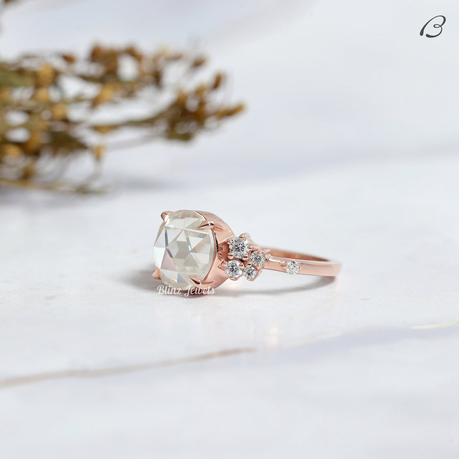 Art Deco Round Rose Cut Lab Grown Diamond Cluster Wedding Bridal Ring
