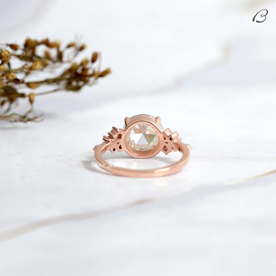Art Deco Round Rose Cut Lab Grown Diamond Cluster Wedding Bridal Ring