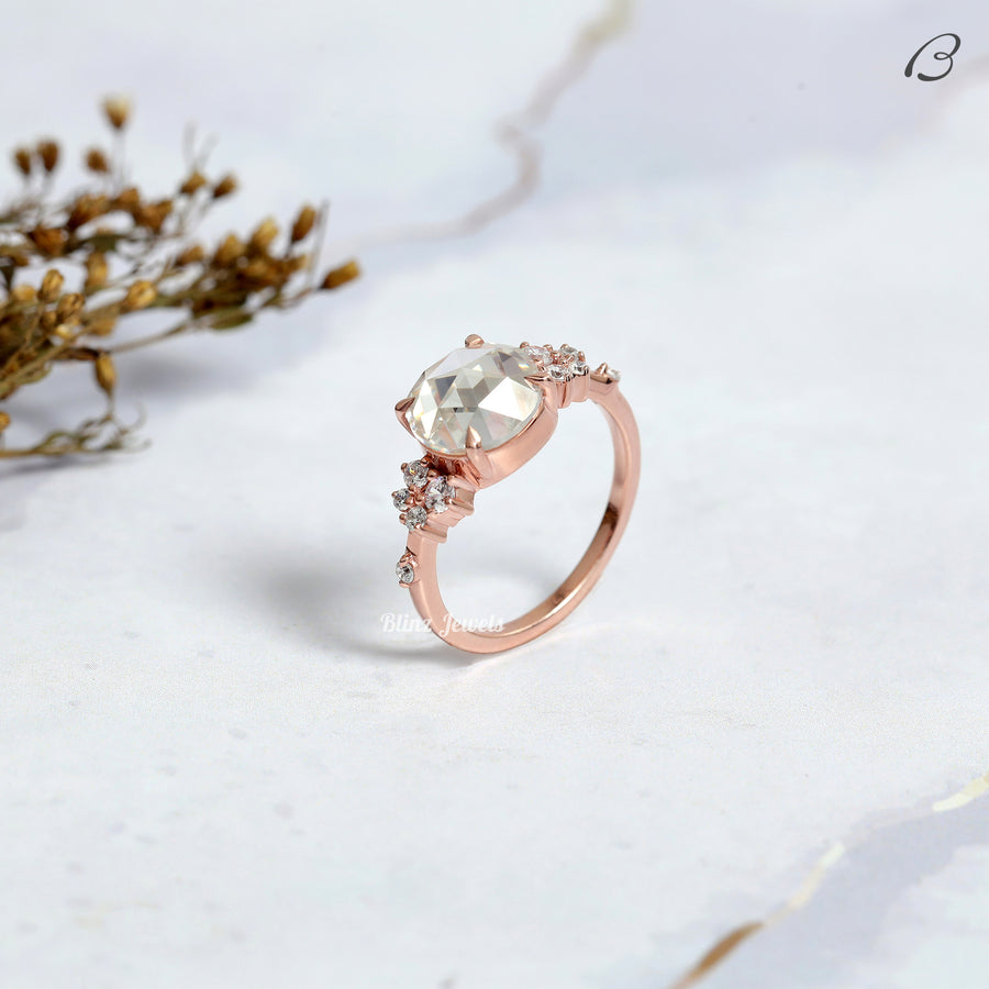 Art Deco Round Rose Cut Lab Grown Diamond Cluster Wedding Bridal Ring