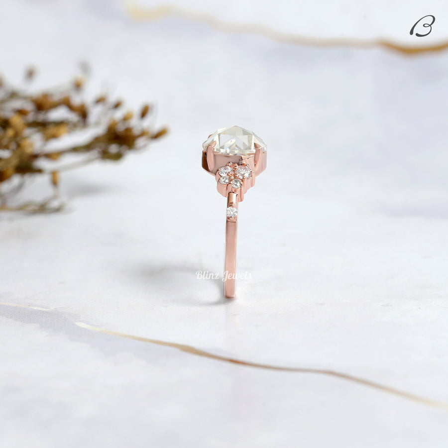 Art Deco Round Rose Cut Lab Grown Diamond Cluster Wedding Bridal Ring