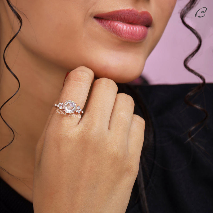 Art Deco Round Rose Cut Lab Grown Diamond Cluster Wedding Bridal Ring