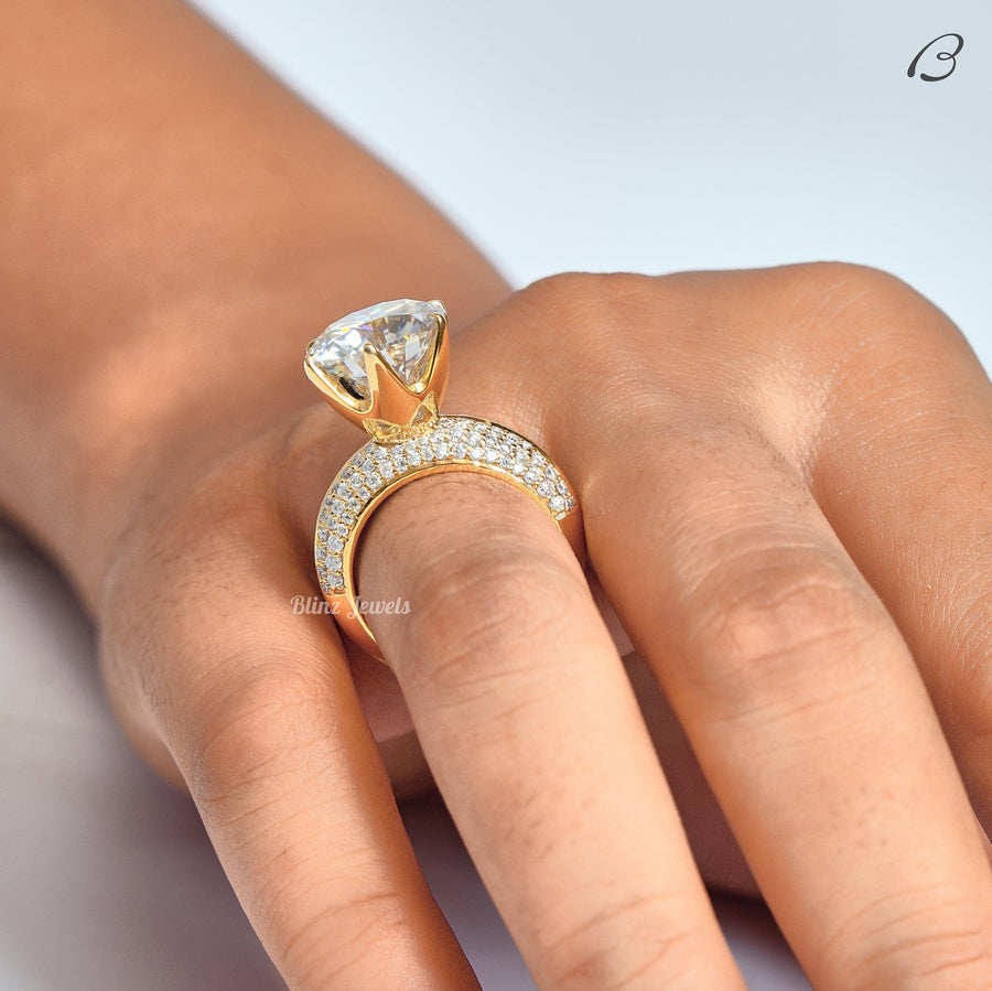 Round Cut Moissanite Solitaire With Accent Knife Edge Shank Pave Set Anniversary Ring