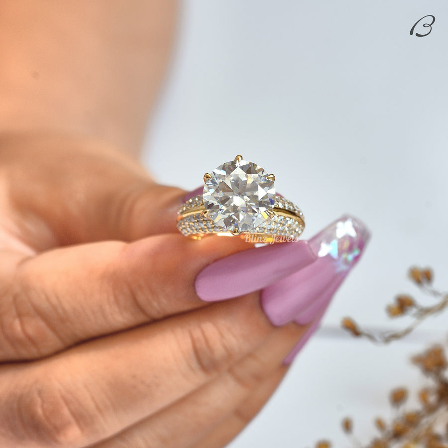 Round Cut Moissanite Solitaire With Accent Knife Edge Shank Pave Set Anniversary Ring