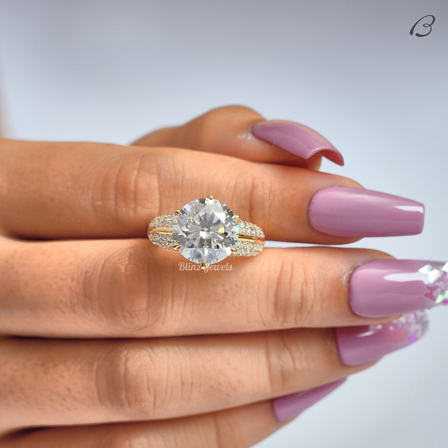 Round Cut Lab Grown Diamond Solitaire With Accent Knife Edge Engagement Ring