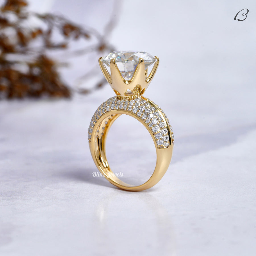 Round Cut Moissanite Solitaire With Accent Knife Edge Shank Pave Set Anniversary Ring