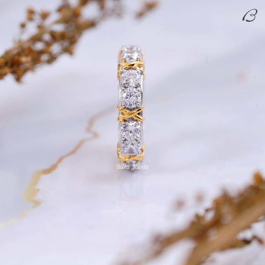 Full Eternity Round Cut Moissanite Unique Two Tone Anniversary Band