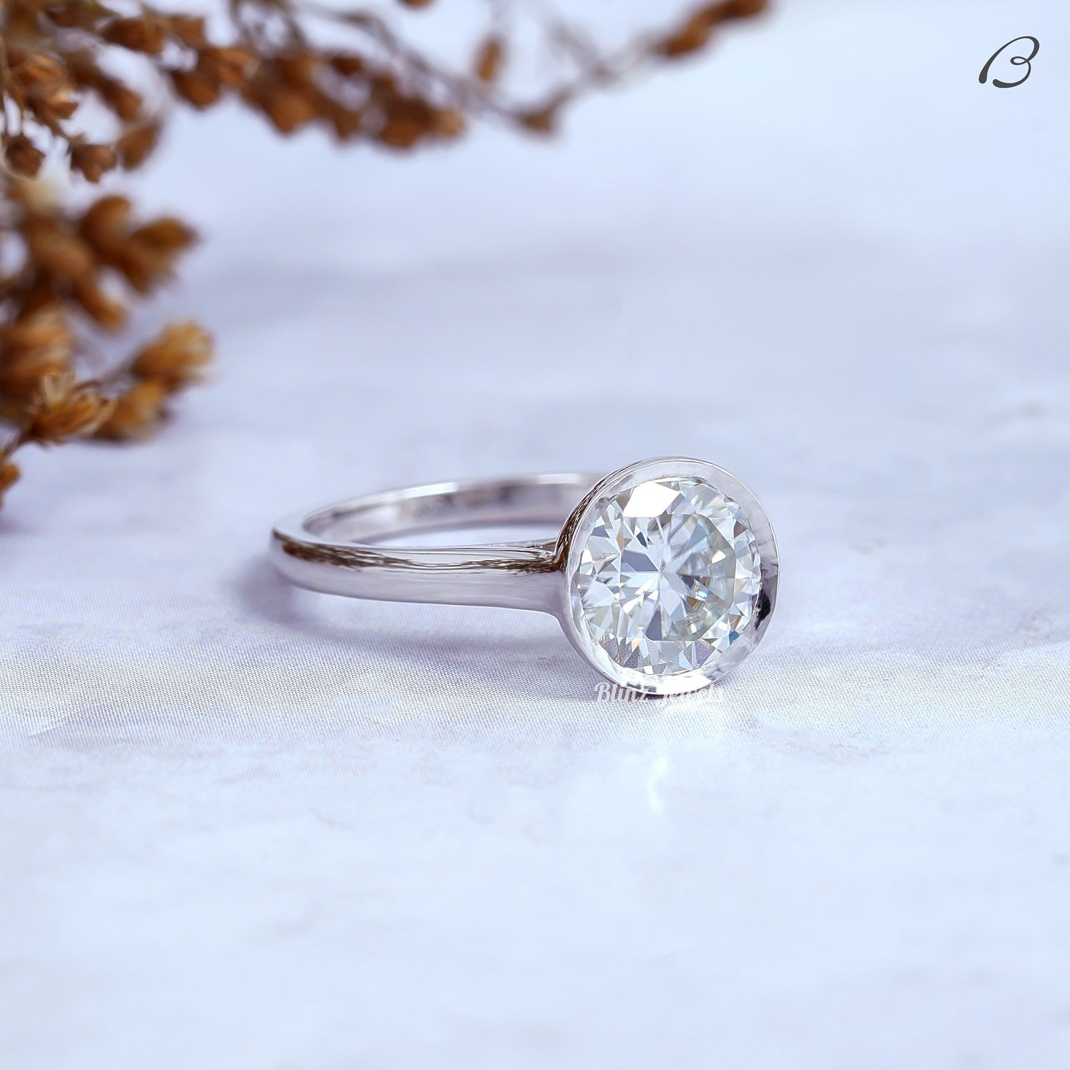 Round Cut Full Bezel Set Moissanite Diamond Solitaire Engagement Ring