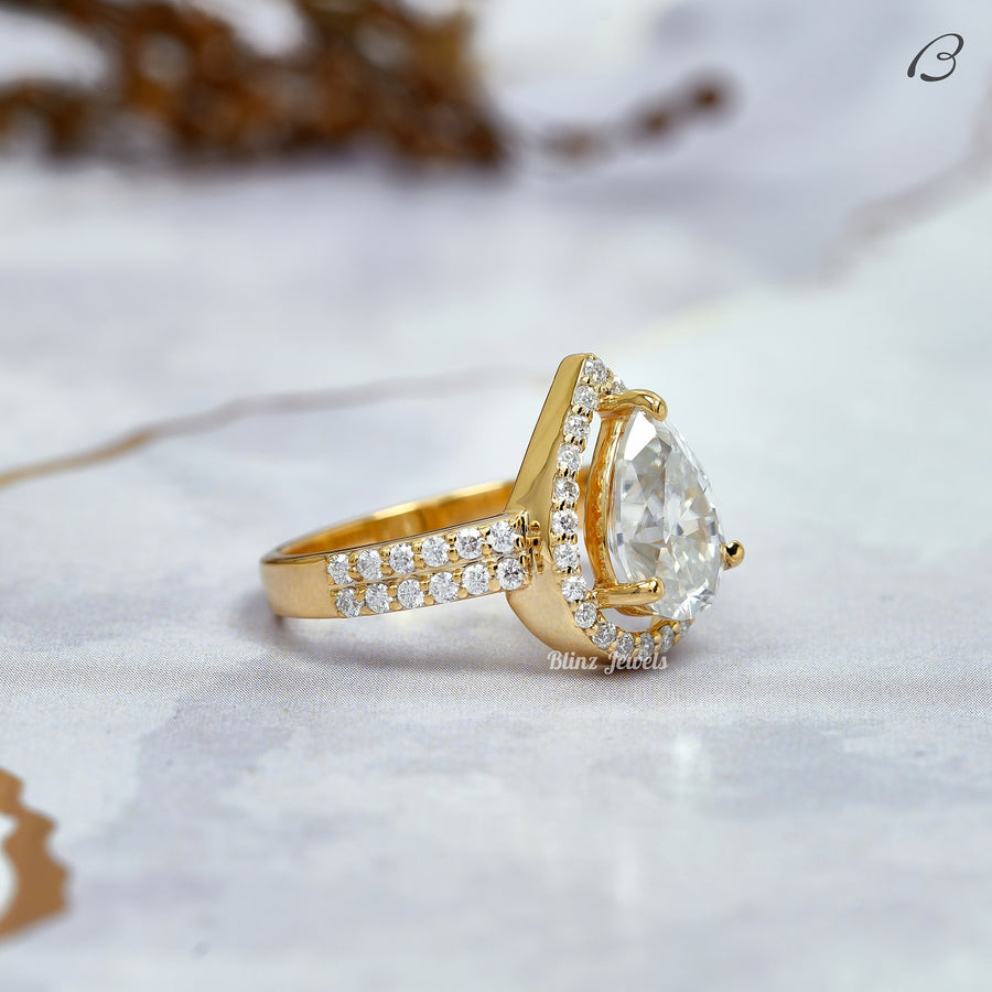 Pear Cut Moissanite Vintage Style Double Shank Halo Wedding Ring
