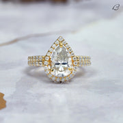 Pear Cut Moissanite Vintage Style Double Shank Halo Wedding Ring
