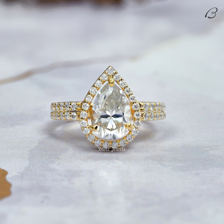 Pear Cut Moissanite Vintage Style Double Shank Halo Wedding Ring