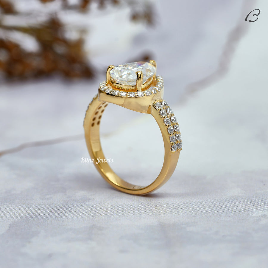 Pear Cut Moissanite Vintage Style Double Shank Halo Wedding Ring