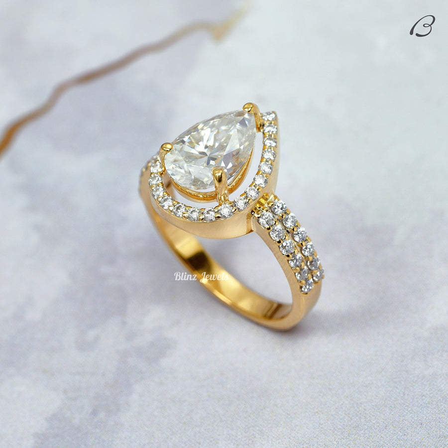 Pear Cut Moissanite Vintage Style Double Shank Halo Wedding Ring
