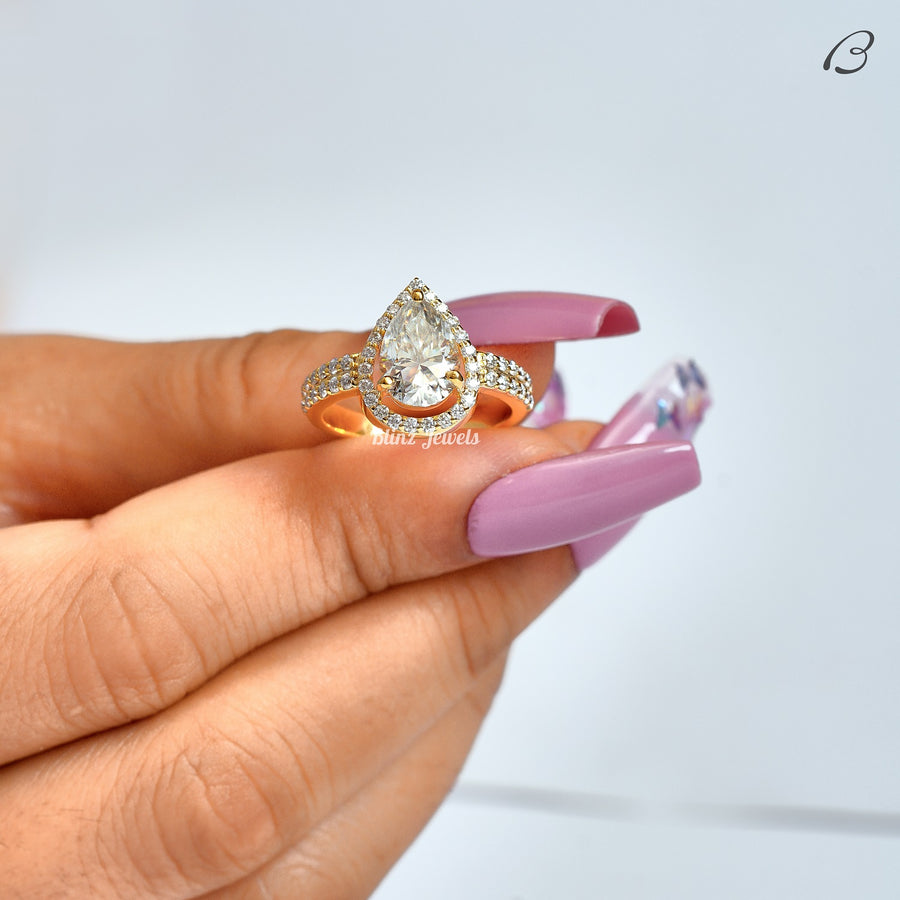 Pear Cut Moissanite Vintage Style Double Shank Halo Wedding Ring