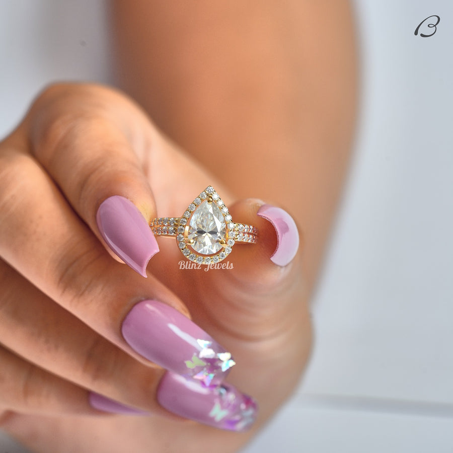Pear Cut Moissanite Vintage Style Double Shank Halo Wedding Ring
