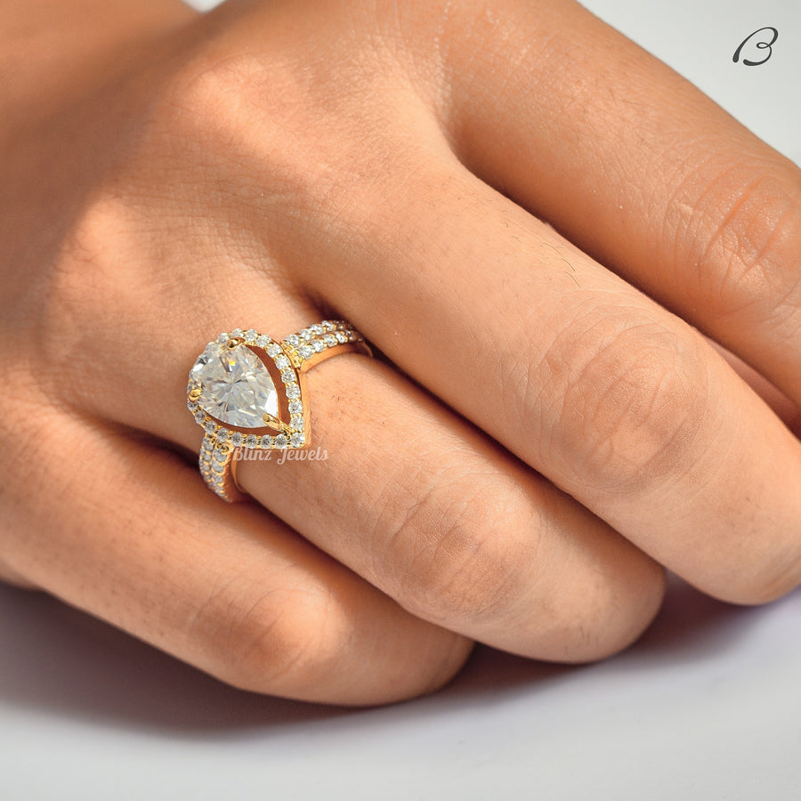 Pear Cut Moissanite Vintage Style Double Shank Halo Wedding Ring